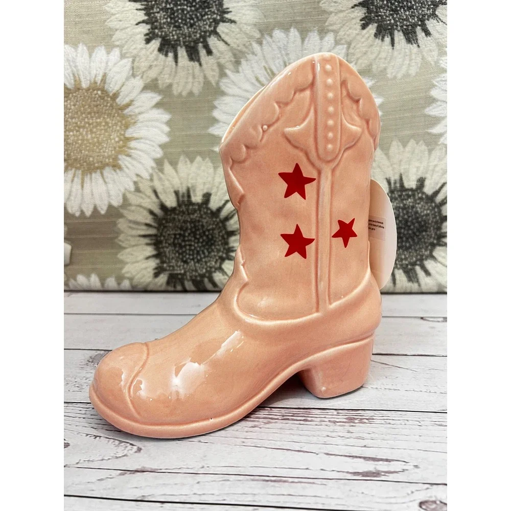 Timeless Beauty Ceramic‎ Cowboy Boot Vase Peach with Red Stars Western Decor